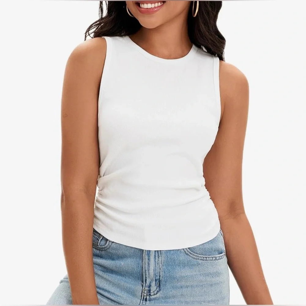 Fun & Casual White Ribbed Sleeveless High Neck Side Ruched Tank Top (S) NWT